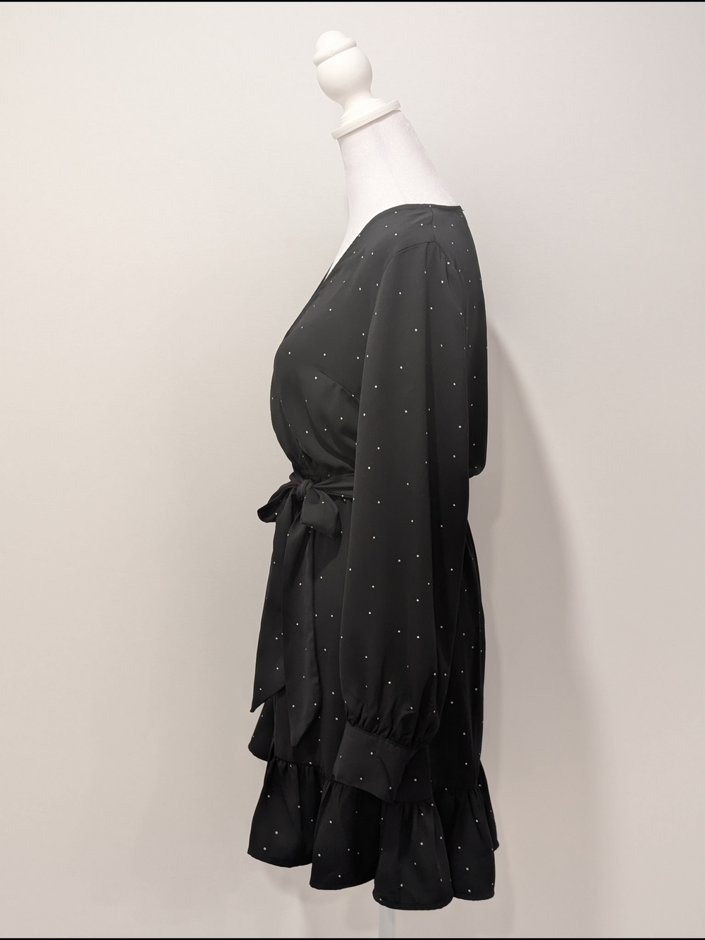 Dynamite Long Sleeve Mini Wrap Dress with Polka Dots - Black & White - Picture 3 of 14